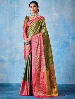 Akhilam - Women Silk Blend Green Woven Design Designer Saree with Unstitched Blouse