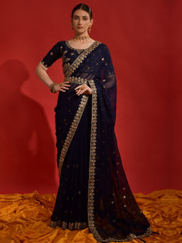 Akhilam - Women Georgette Navy Blue Embellished Designer Saree with Unstitched Blouse