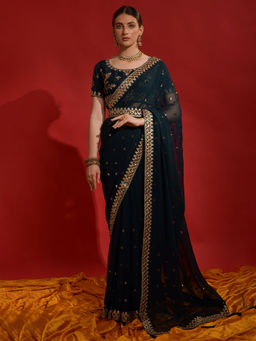 Akhilam - Women Georgette Teal blue Embellished Designer Saree with Unstitched Blouse