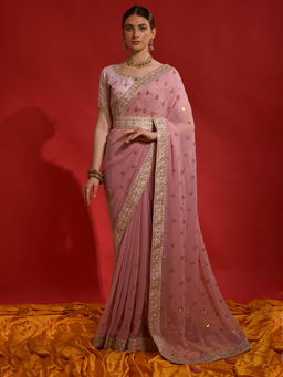 Akhilam - Women Georgette Pink Embellished Designer Saree with Unstitched Blouse