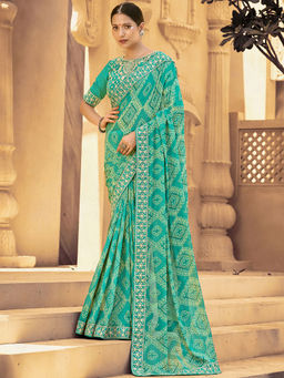 Akhilam - Women Georgette Turquoise Embellished Designer Saree with Unstitched Blouse