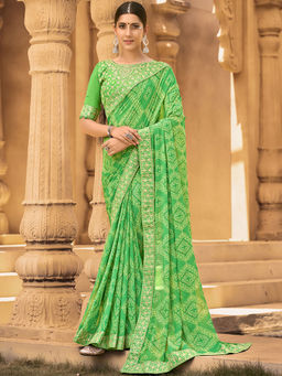 Akhilam - Women Georgette Green Embellished Designer Saree with Unstitched Blouse