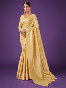 Akhilam - Women Cotton Blend Beige Woven Design Designer Saree with Unstitched Blouse