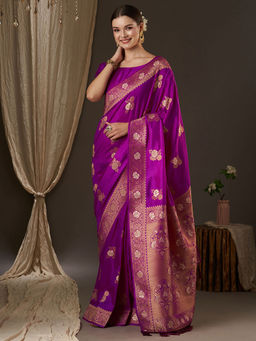 Akhilam - Women Silk Blend Purple Woven Design Designer Saree with Unstitched Blouse