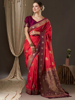 Akhilam - Women Silk Blend Pink Woven Design Designer Saree with Unstitched Blouse