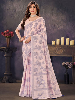 Akhilam - Women Cotton Blend Rose Gold Woven Design Designer Saree with Unstitched Blouse