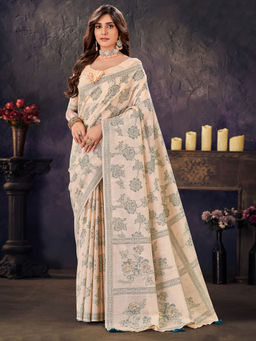 Akhilam - Women Cotton Blend Beige Woven Design Designer Saree with Unstitched Blouse