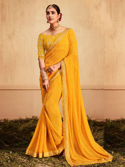 Akhilam - Women Georgette Yellow Zari Embroidered Designer Saree with Unstitched Blouse