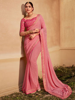 Akhilam - Women Georgette Pink Zari Embroidered Designer Saree with Unstitched Blouse
