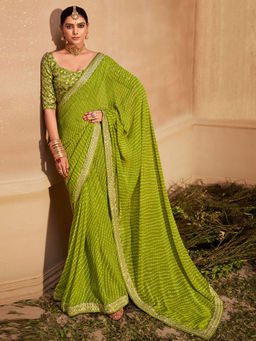 Akhilam - Women Georgette Green Zari Embroidered Designer Saree with Unstitched Blouse