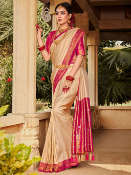 Sareemall - Women Kanjeevaram Silk Beige Woven Design Designer Saree with Unstitched Blouse