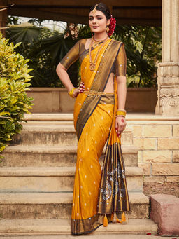 Sareemall - Women Kanjeevaram Silk Yellow Woven Design Designer Saree with Unstitched Blouse