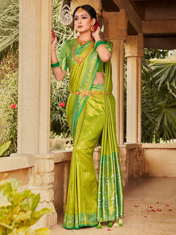 Sareemall - Women Kanjeevaram Silk Lime Green Woven Design Designer Saree with Unstitched Blouse