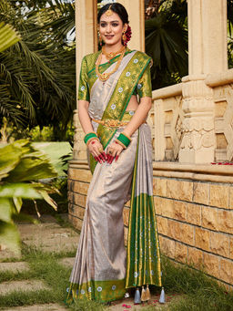 Sareemall - Women Kanjeevaram Silk Grey Woven Design Designer Saree with Unstitched Blouse
