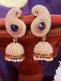 Anika's Creations - Pearl Embedded Traditional Partywear Blue Jhumki Earrings