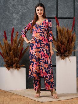 Gahan - Rayon Floral Big Printed Blue V Neck Embellished Kurta with Palazzo (Set of 2)