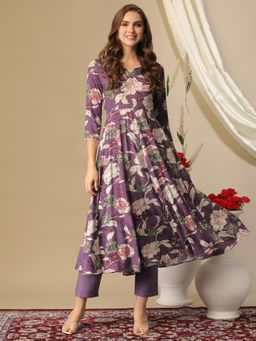 Gahan - Rayon Floral Printed Lace Flared Purple Anarkali Kurta with Pant (Set of 2)