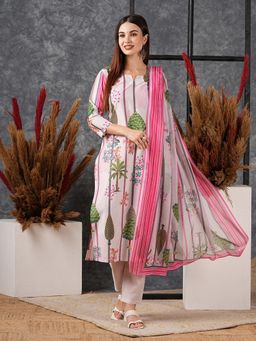Gahan - Rayon Floral Printed Stripes Pink Kurta with Pant & Dupatta (Set of 3)