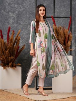 Gahan - Rayon Floral Printed Stripes Green Kurta with Pant & Dupatta (Set of 3)