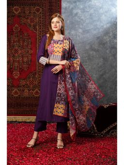 Gahan - Rayon Printed Patch Work Gota Lace Purple Kurta with Pant & Dupatta (Set of 3)