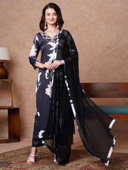 Gahan - Monochrome Big Floral Printed Sequenced Black Kurta with Pant & Dupatta (Set of 3)