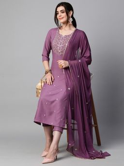 Gahan - Yoke Embroidered & Sequenced Purple Kurta with Pant & Dupatta (Set of 3)