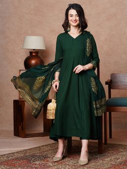 Gahan - Crepe Solid Empire Flared Green Anarkali with Pant & Printed Dupatta (Set of 3)
