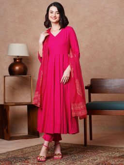 Gahan - Crepe Solid Empire Flared Pink Anarkali with Pant & Printed Dupatta (Set of 3)