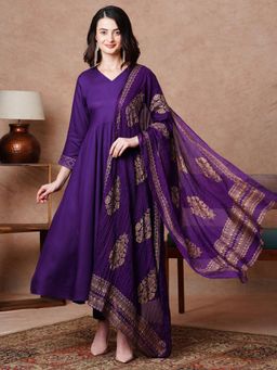 Gahan - Crepe Solid Empire Flared Violet Anarkali with Pant & Printed Dupatta (Set of 3)