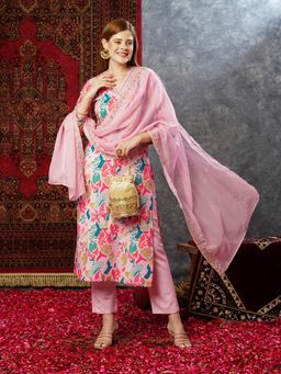 Gahan - Rayon Abstract Floral Printed Embellished Pink Kurta Pant & Dupatta (Set of 3)