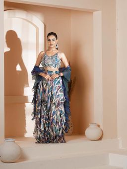 Akanksha Mago - Blue Morni Signature Layered Skirt with Blouse and Ruffle Dupatta