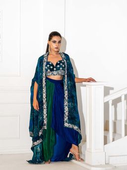 Akanksha Mago - Teal Embroidered Cape with Blouse and Skirt