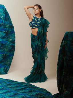 Akanksha Mago - Green Drape Ruffle Pre-Draped Saree with Stitched Blouse