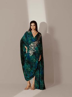 Akanksha Mago - Green Abstract Print Kaftan Dress
