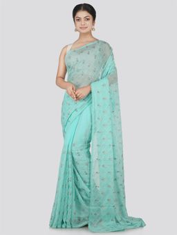 PinkLoom - Women's Chiffon Saree with Unstitched Blouse Piece, Turquoise