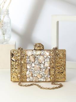 HOUSE OF WEBHIN - Heer Golden Clutch with Detachable Chain