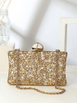 HOUSE OF WEBHIN - Rangrez Golden Clutch with Detachable Chain