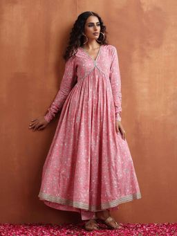 trueBrowns - Pink Print Flared Anarkali Kurta with Pant (Set of 2)