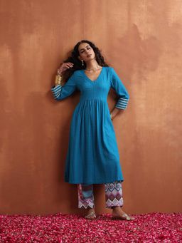 trueBrowns - Blue Cotton Flared Anarkali Kurta with Pant (Set of 2)