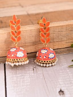 VIRAASI - Orange Leaf Design Handcrafted Meenakari Jhumka Earrings for Women and Girls