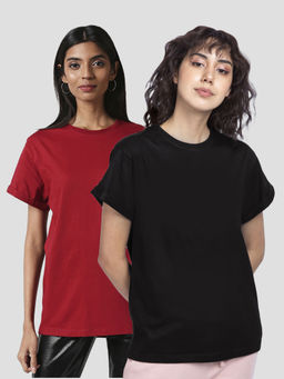 Bewakoof - Women Black And Red Solid T-shirt Combo