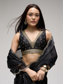 Gajra Gang - Black Blouse with Embroidery on Deep V Neck Trousseau Tijori