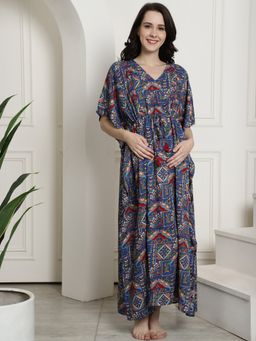 Secret Wish - Navy Blue Rayon Maternity Kaftan Nighty