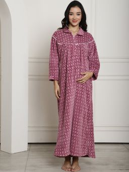 Secret Wish - Pink Printed Woolen Maternity Nighty