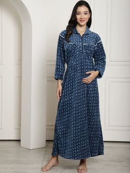Secret Wish - Blue Printed Woolen Maternity Nighty