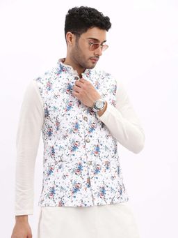 SHOWOFF - Men Slim Fit Floral Print White Nehru Jacket