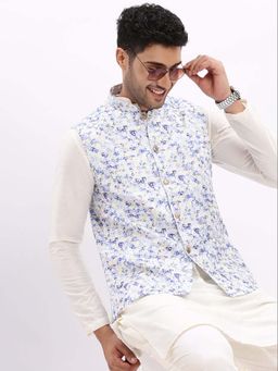 SHOWOFF - Men Slim Fit Printed Blue Nehru Jacket