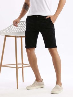 SHOWOFFFF - Mens Knee Length Geometric Black Denim Shorts
