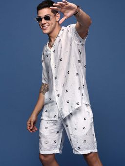 SHOWOFF - Mens Printed Cuban Collar White Relaxed Fit Co-Ords (Set of 2)