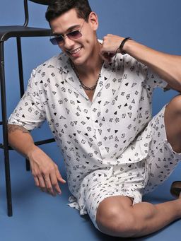 SHOWOFF - Mens Geometric Cuban Collar White Relaxed Fit Co-Ords (Set of 2)